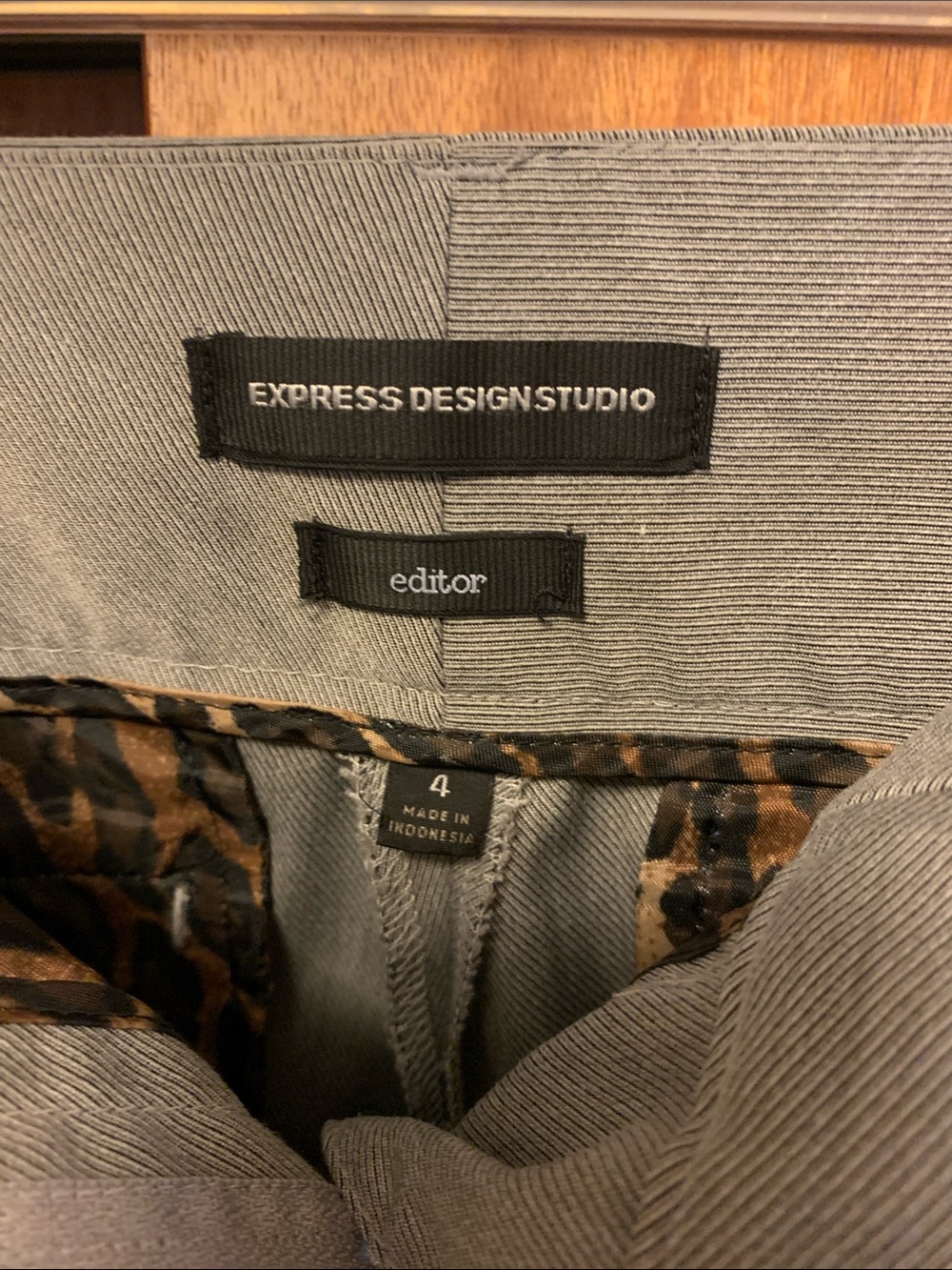 Express Editor Boot Cut Pants in Light Gray with Leopard Trim